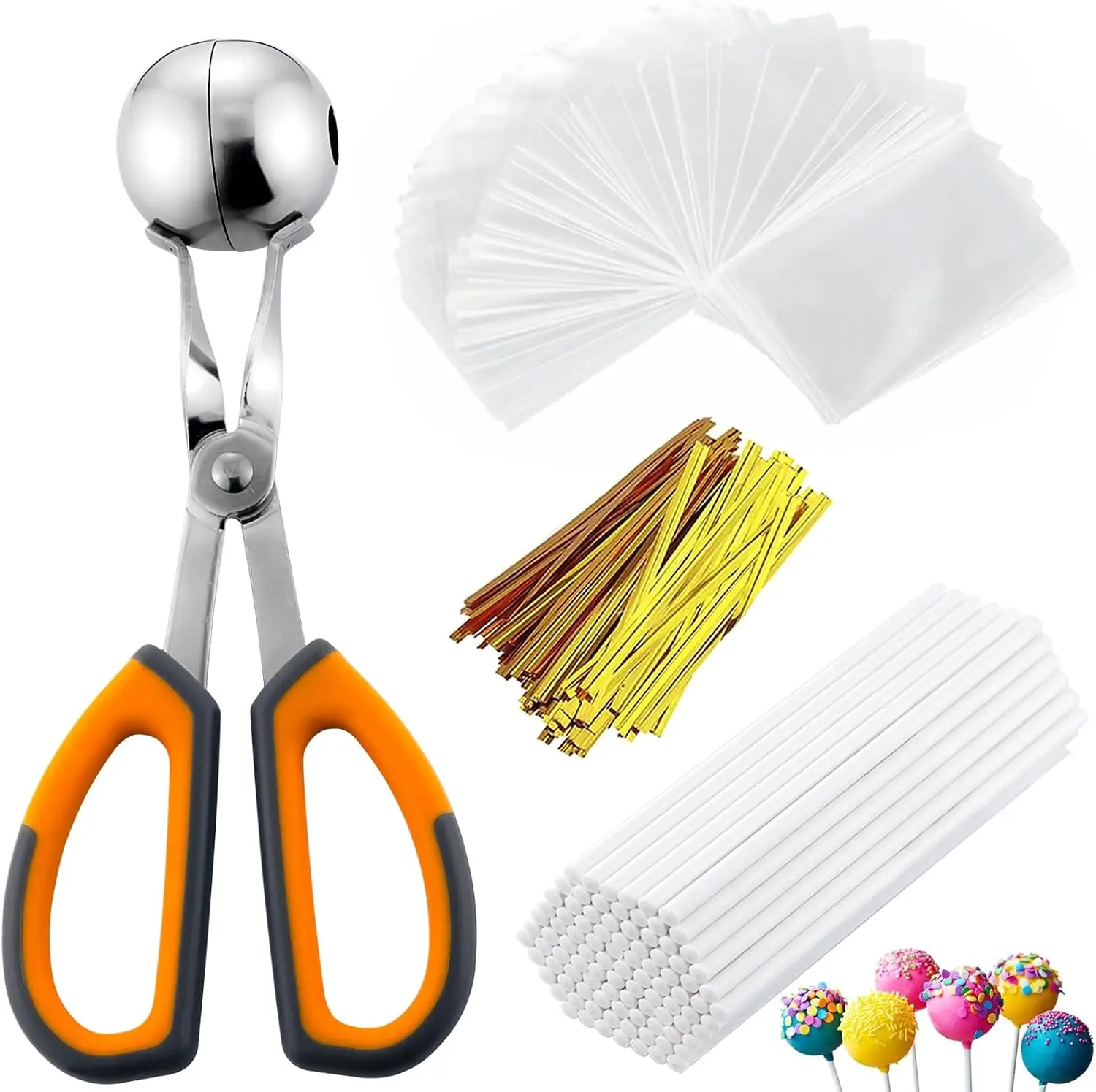 Sturdy Round Bakeware Cake Pop Mold Kit, Non-slip Handle Stainless Steel Cake Pop Baller with 100 Lollipop Sticks, 100 Plastic Packaging Bags & Twist Ties for DIY Baking, Party Dessert Making