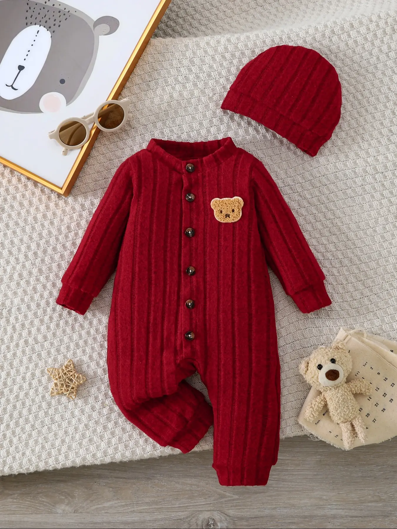 Baby Girl Knitted Romper Set with Bear Patch and Button Design, Soft Warm Knit Hat, Casual Style, Perfect for Daily Wear, Baby Girl Clothes, Baby Clothing