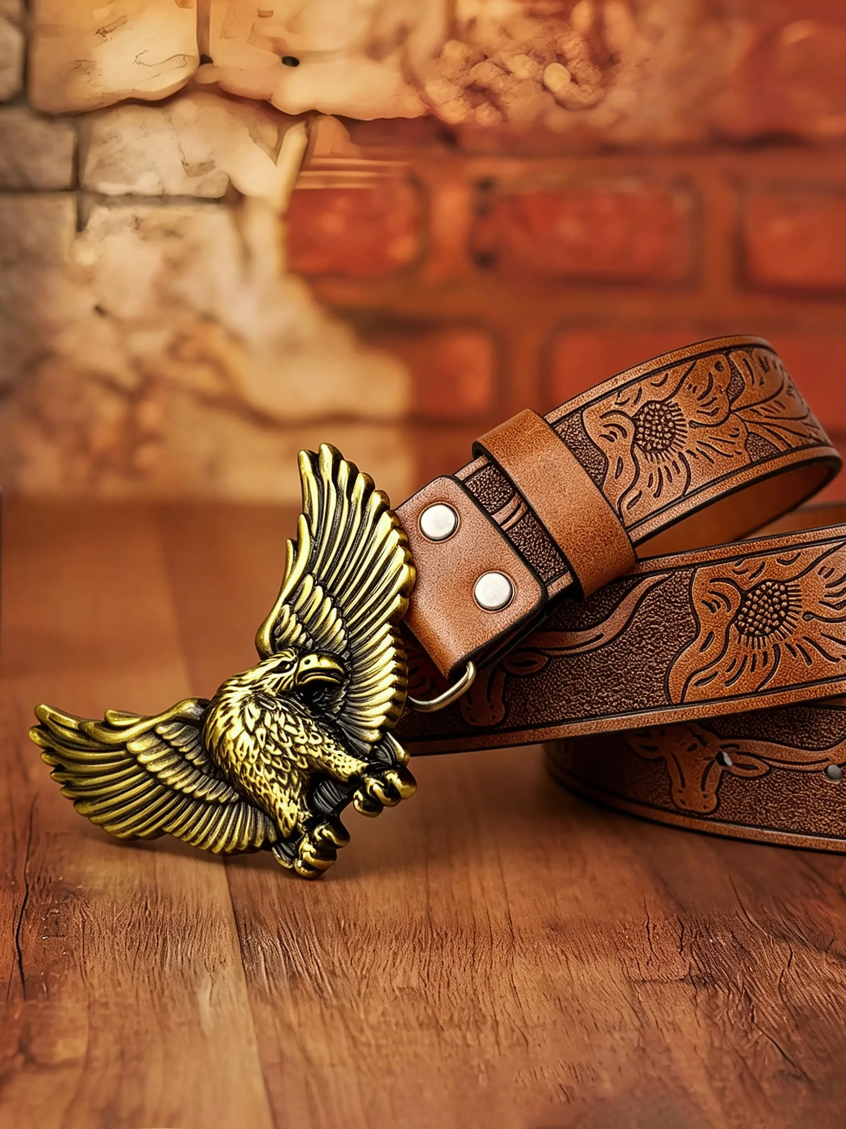 1.46 inches/3.7cm wide Western style waist belt with smooth Western style large buckle "Flying Eagle" pattern, black and brown, round hole, men's and women's waist belts, decorative waist belts, Western style clothing accessories, Pu Leather Belt