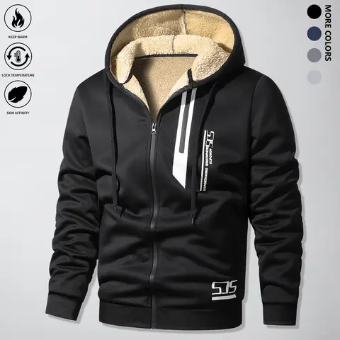 Male Long Sleeve Fitted Casual Winter Polyester Fleece-Lined Thick Warm Hooded Jacket - Zip-Secure Pockets, Sporty Drawstring Hood, Elastic Hem & Cuffs, Machine Washable Outdoor Sports Top
