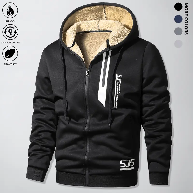 Male Long Sleeve Fitted Casual Winter Polyester Fleece-Lined Thick Warm Hooded Jacket - Zip-Secure Pockets, Sporty Drawstring Hood, Elastic Hem & Cuffs, Machine Washable Outdoor Sports Top
