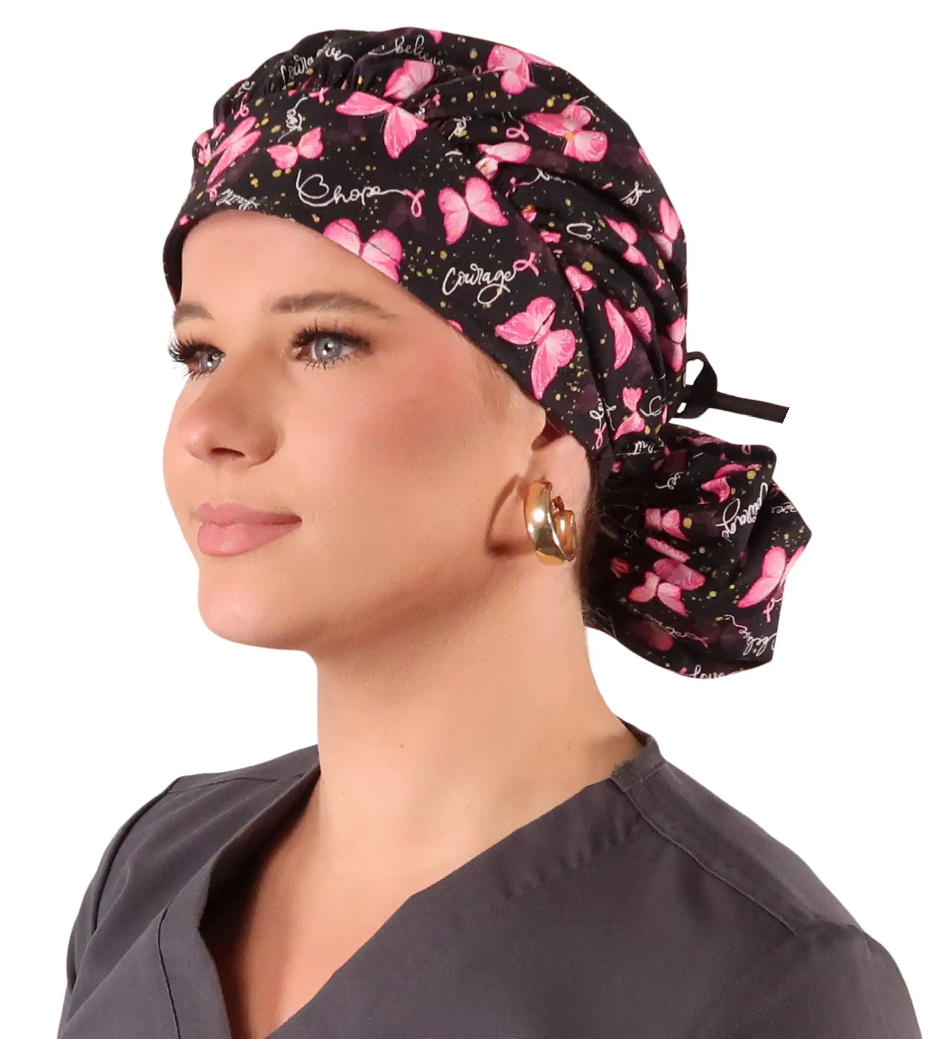Banded Bouffant Ponytail Scrub Cap - Wings of Hope (Pink Ribbons) with Black Ties