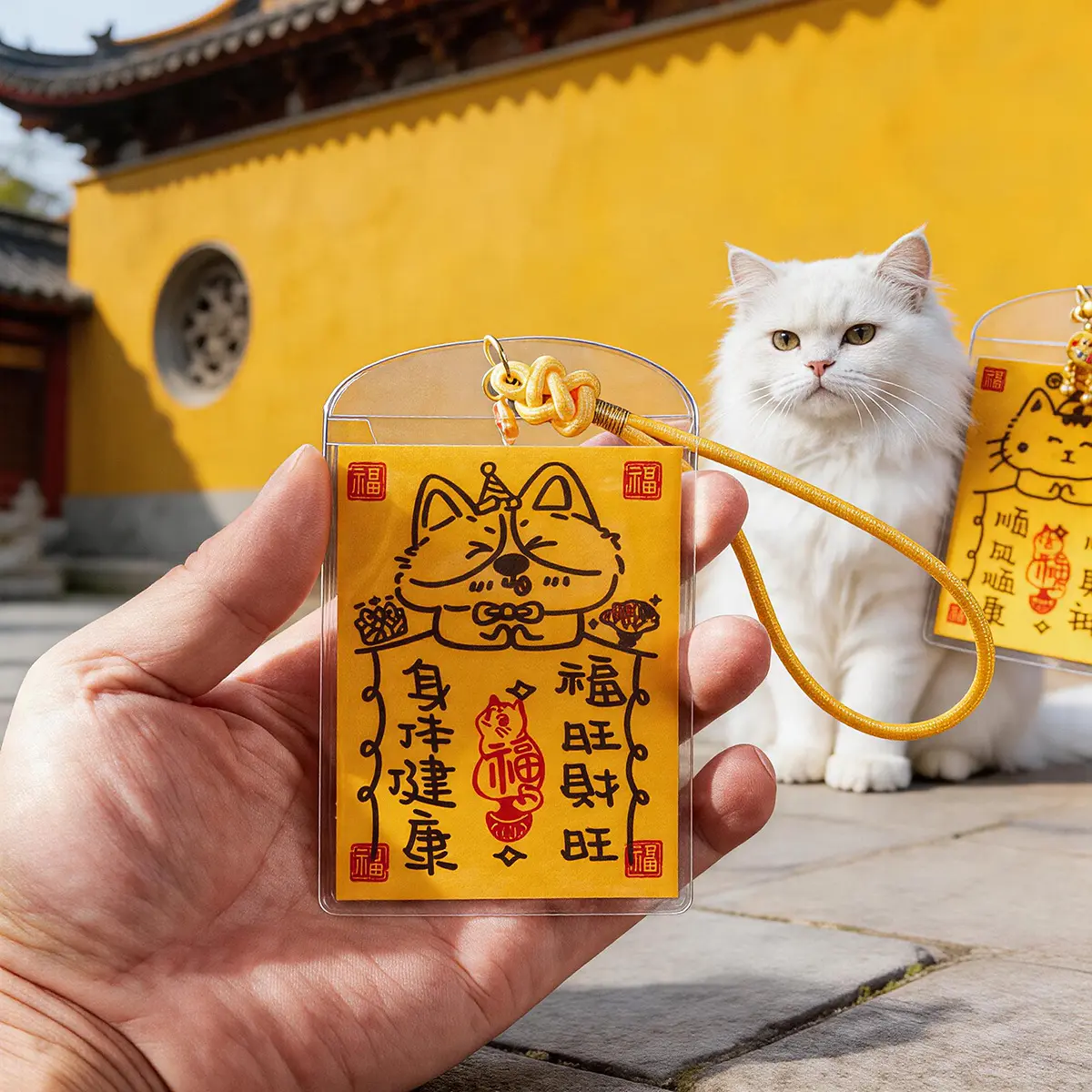 Handwritten Chinese Calligraphy Feng Shui Pet Charm Ornament - Cute Cat & Dog Lucky Blessing Card with Protective Holder, for Phone, Bag, Keychain | Home Decor, Room Decor Gift, Ornaments