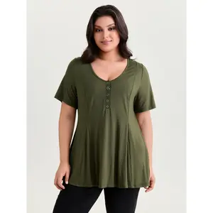 BLOOMCHIC Women's Plus Size Basic Short-Sleeve Supersoft Button-Detail Fit-and-Flare T-Shirt [M-6X] - Spandex Fabric Garment, 2026 Summer Vibes,Summer wins,Deals for you days