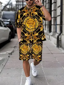 Men's 3D gold lion print casual and stylish two-piece set, featuring a round neck short-sleeved top and drawstring shorts, perfect for summer outdoor and everyday wear.