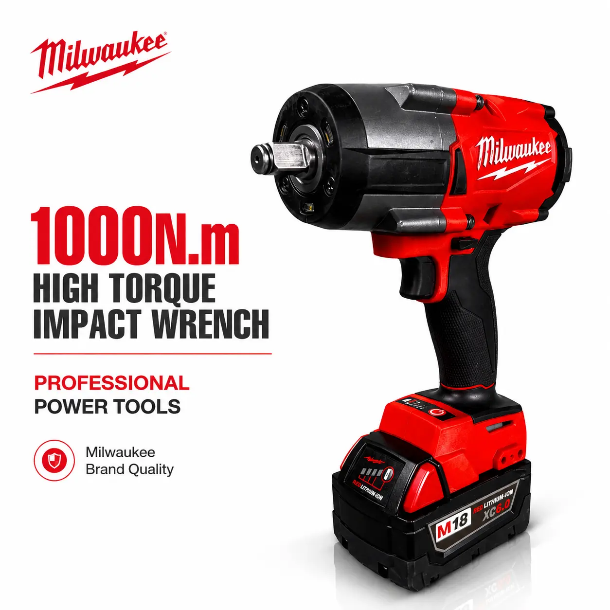 Milwaukee M18 1000N.m High Torque Cordless Impact Wrench Power Tool 1/2 Inch Square Drive 0-2000RPM 0-2400IPM For Heavy Duty Automotive Repair Truck Tire Service Construction Fastening And Equipment Maintenance With Battery And Charger Kit