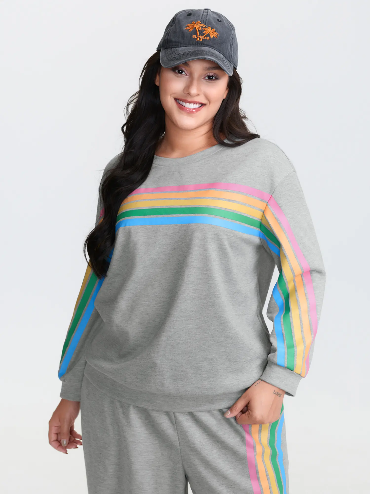 BLOOMCHIC Women's Soft Rainbow Print Round Neck Long-Sleeve Polyester Pocketed Pajama Top - 2026 Summer Sleepwear Shirt, Contrast Design, Comfortable Fabric, Flattering Fit, Regular Length, Clothes, Cool Iron, Do Not Tumble Dry, Gentle Machine Care