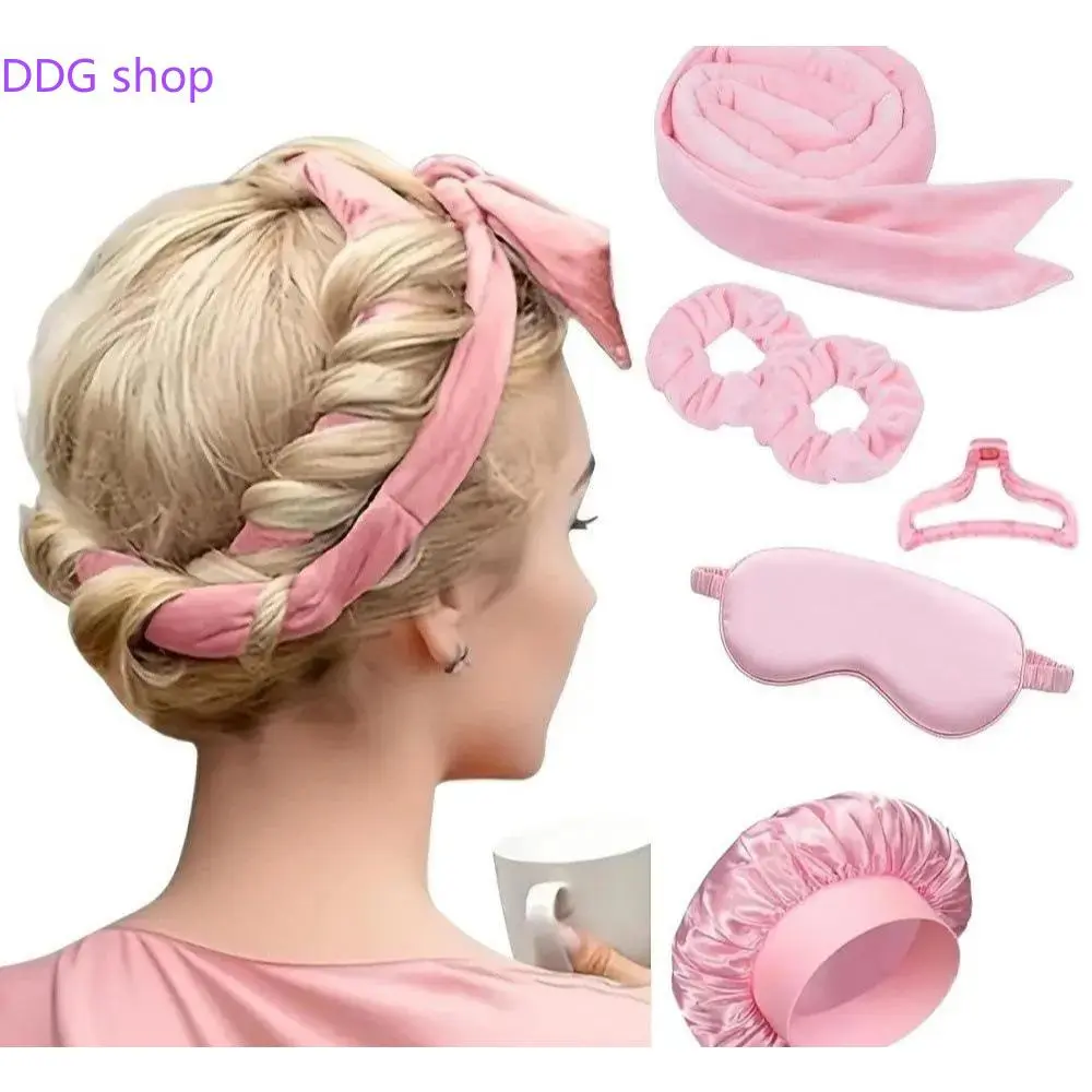 Heatless Hair Curler Set - No Heat Bow Curler for Big Wave Heatless Curls, Overnight Sleep Curling Ribbon Kit with Shower Cap & Eye Mask, Damage-Free Styling Tool for Long/Short Hair, Lazy Girl Travel & Daily Use,summervibes