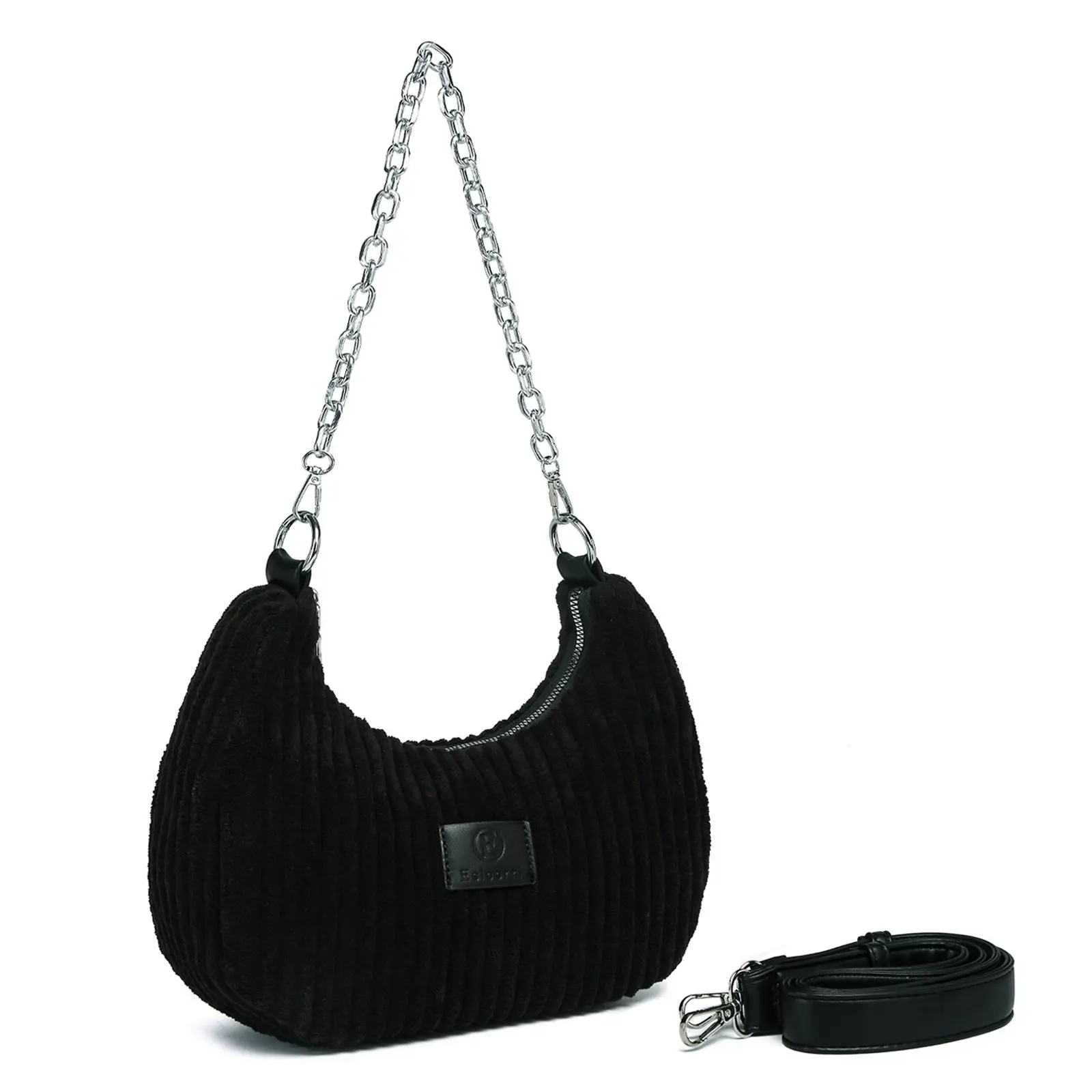 Eslcorri Women's Small Crescent Corduroy Hobo Bag - Convertible Crossbody Purse with Chain and Leather Straps, Crescent Moon Bag, Hobo Crossbody Purses, Crescent Shoulder Bag, Casual Crossbody Bag