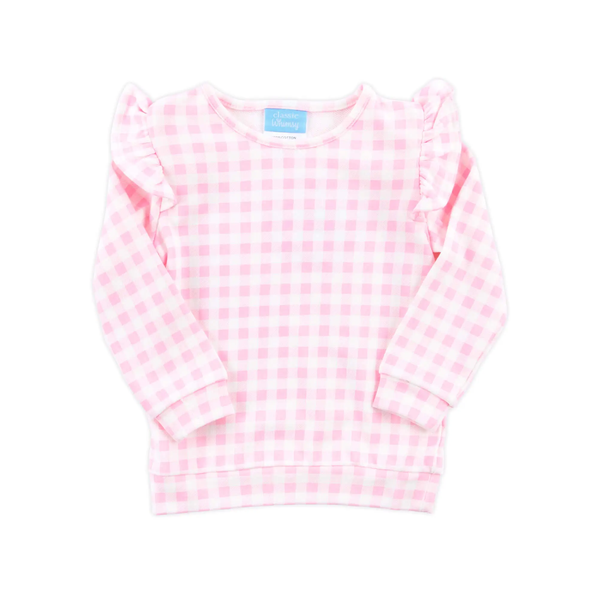 Pink Gingham Ruffle Sweatshirt - Soft Girls Long Sleeve Top with Ruffle Trim