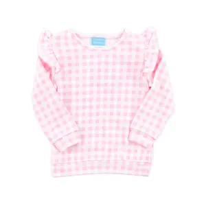 Pink Gingham Ruffle Sweatshirt - Soft Girls Long Sleeve Top with Ruffle Trim