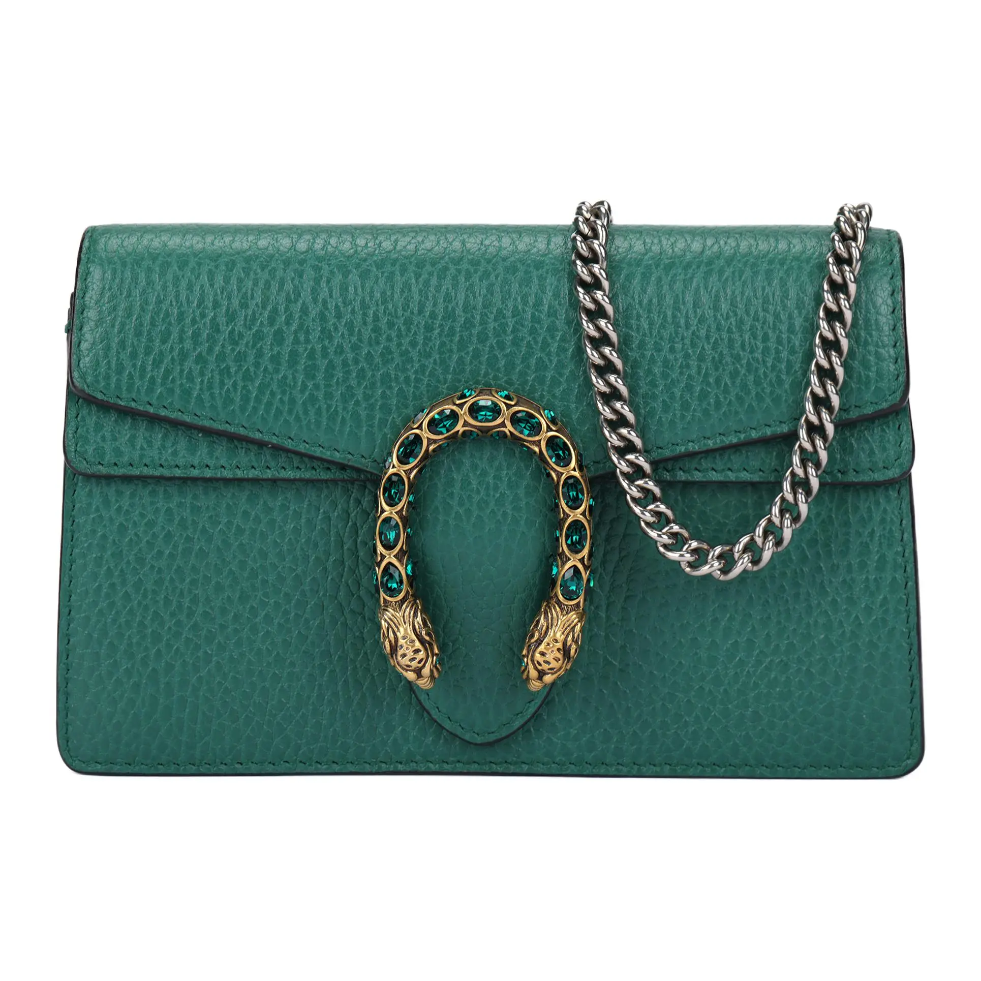 Gucci Dionysus Distressed Tiger-Head Clasp Chain Leather Crossbody Bag for Women, Ultra-Mini, Olive Green