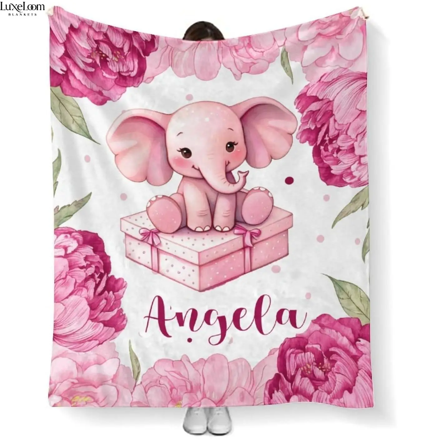 Personalized Custom Name Pink Elephant Flannel Throw Blanket | Soft Fleece Blanket for Girls, Birthday Gift Bedroom Sofa Home Decor