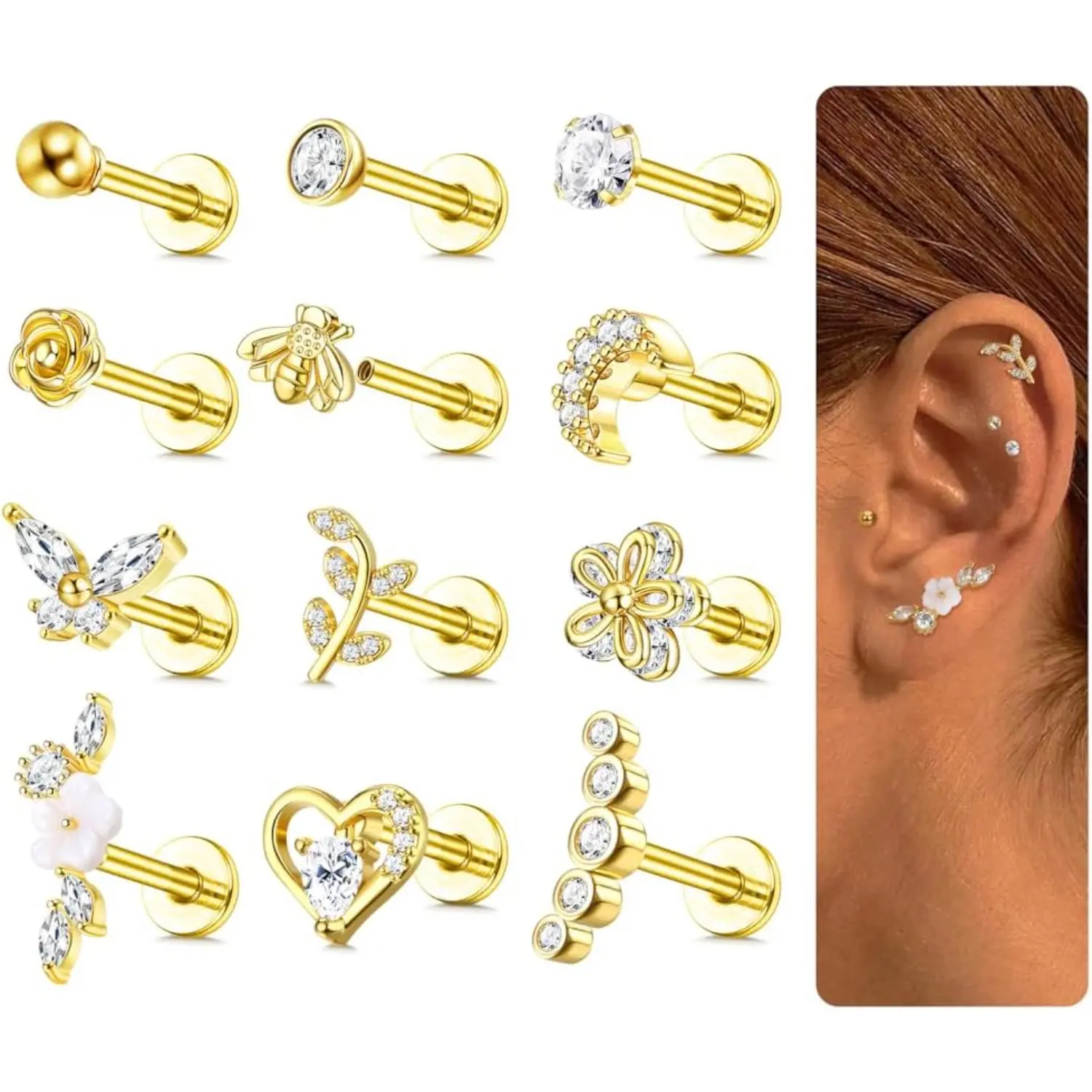 YADOCA 12Pcs 16G Hypoallergenic Stainless Steel Flat Back Earrings Set for Women, Screw Top CZ Butterfly Bee Flower Moon Heart Studs, Labret Conch Helix Cartilage Tragus Piercing Jewelry, Hypoallergenic Earrings Set, Stainless Steel Jewelry