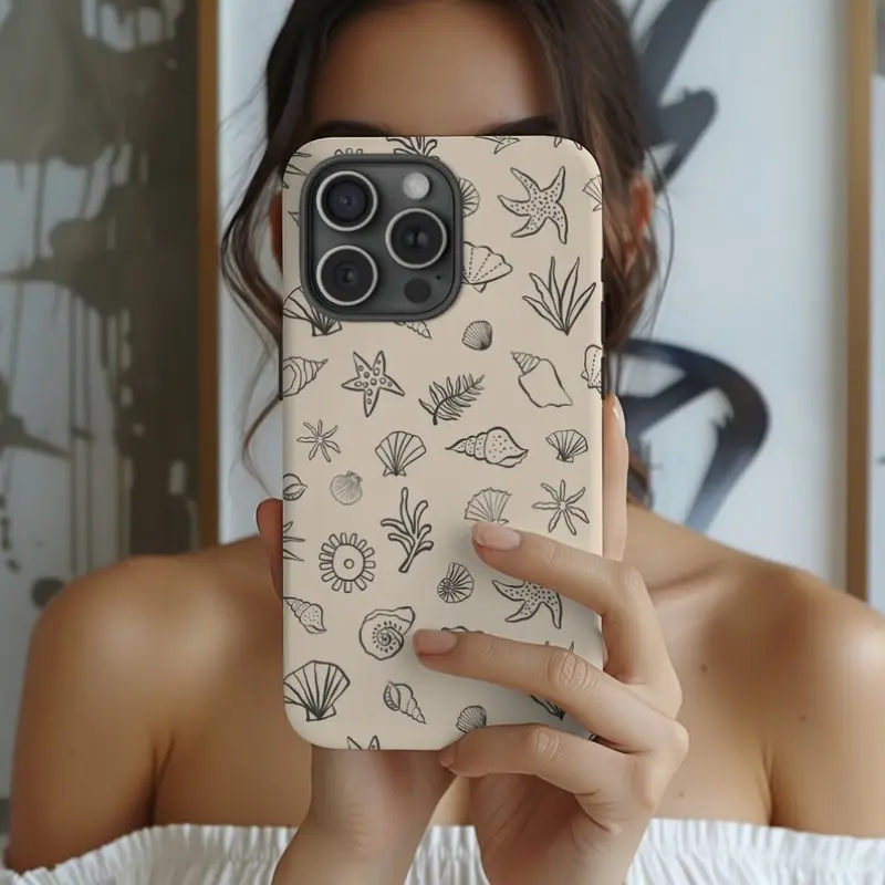 One beige seashell patchwork phone case, a durable 2-in-1 protective case, compatible with iPhone 17/16/15/14/13/12/11 Pro Max/Plus/Pro, Samsung Galaxy S25/S24/S23 Ultra, for ocean lovers.