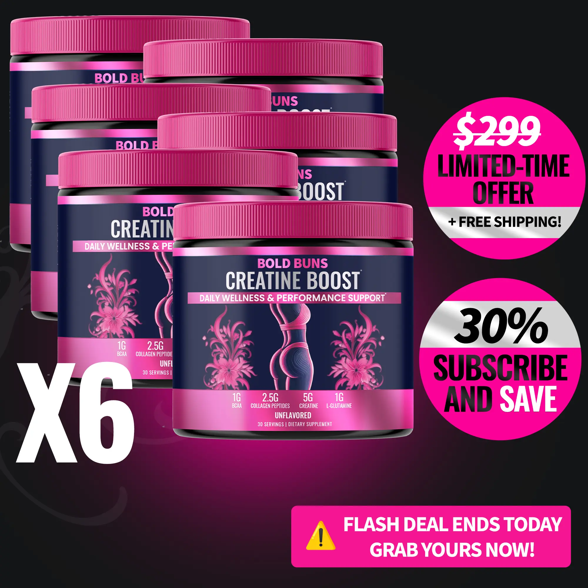 6 Pack | Bold Buns Creatine for Women – Build Strength, Support Skin Glow & Hair Heath, Recover Faster