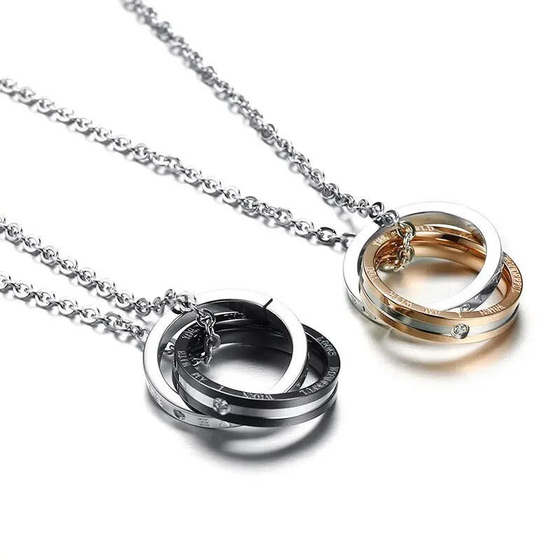 Stainless Steel Couple Necklaces - 2-Tone Pair with Titanium Pendant, Exquisite Chain Jewelry, Geometric Korean Look Fashion Costume Accessory for Couples, Female, Adjustable Size, Electroplated Finish, Two-Tone Pair