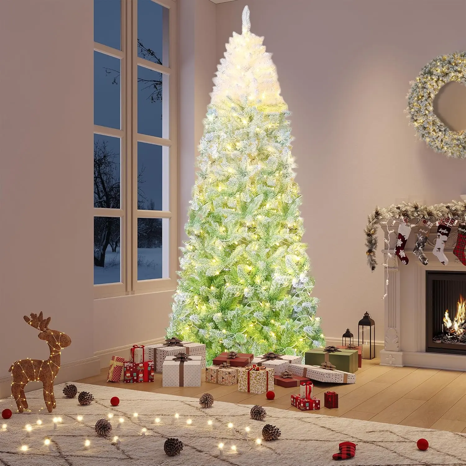 6 ft Fire Resistant PVC Pre-Lit Artificial Christmas Tree - RGB + WW Colorful Lights, Snow-Flocked Pencil Slim Shape, Foldable Floor Mount Base, Green Gradient LED Lantern, Easy Install Holiday Room Decor, Fluffy
