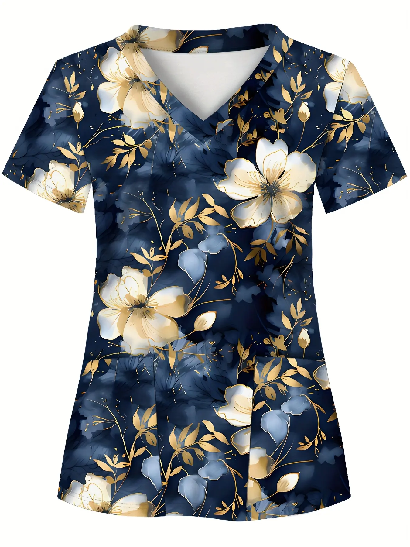 Full-body Print, Dark Base with Golden Floral Pattern, Two Pockets, Women's Scrub Top, Comfortable T-shirt for Healthcare Professionals - Soft, Breathable, Practical Uniform Suitable for Hospitals, Dental Clinics, Beauty Salons, and Institutions