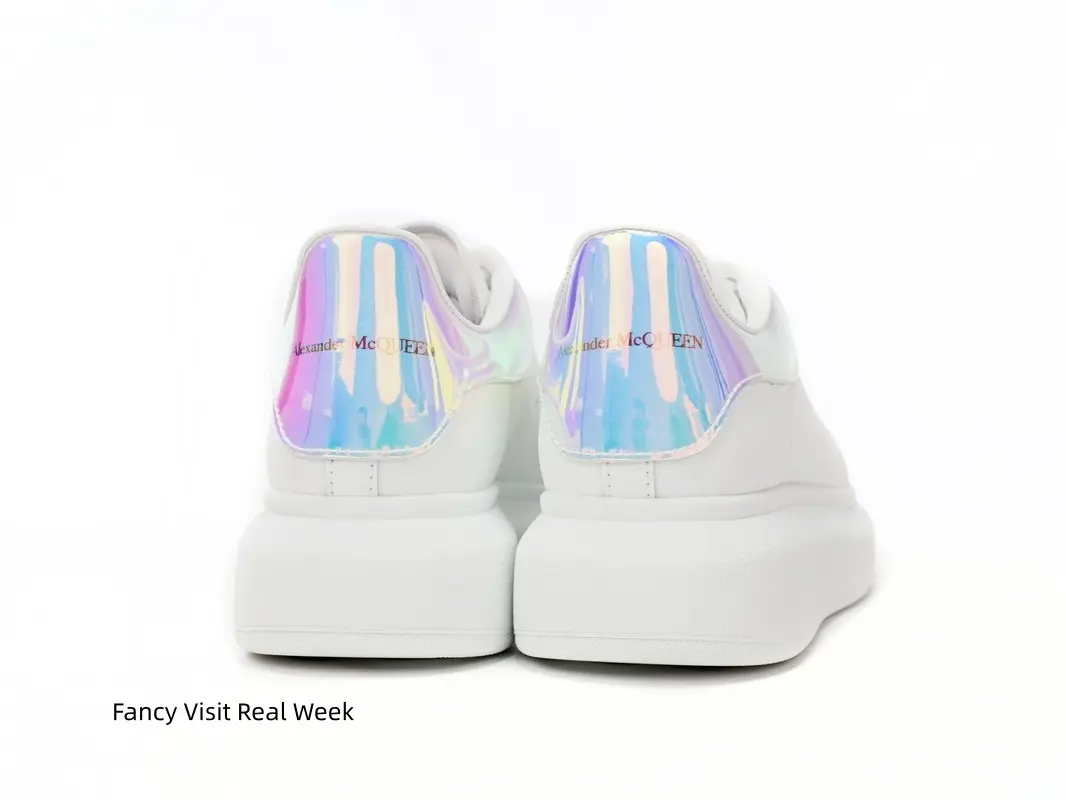 Eye-catching white platform sneakers with color shifting holographic iridescent heel, perfect for party & streetwear #ChunkySneakers #WhitePlatformShoes #Y2KStreetShoes