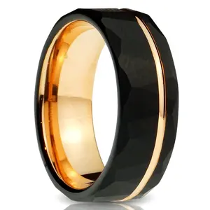 Black Hammered Tungsten Ring, Rose Gold Strip - 8mm