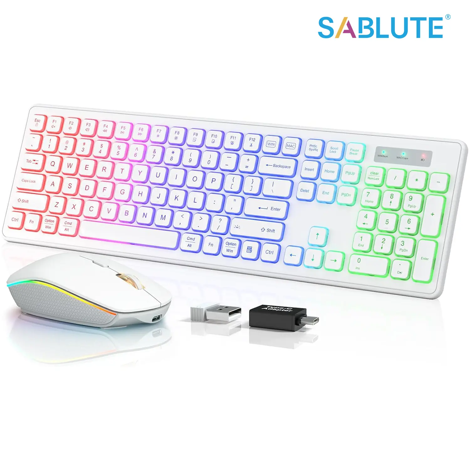 SABLUTE KM42PRO Wireless Gaming Keyboard & Mouse Combo, RGB Rainbow Lighted Colorful Ergonomic, Rechargeable 2.4GHz Bluetooth-Free, Tilt Angle, Sleep Mode, 3 DPI Levels, for TikTok Shop Back to School, Gaming Mouse And Keyboard, Rainbow Keyboard