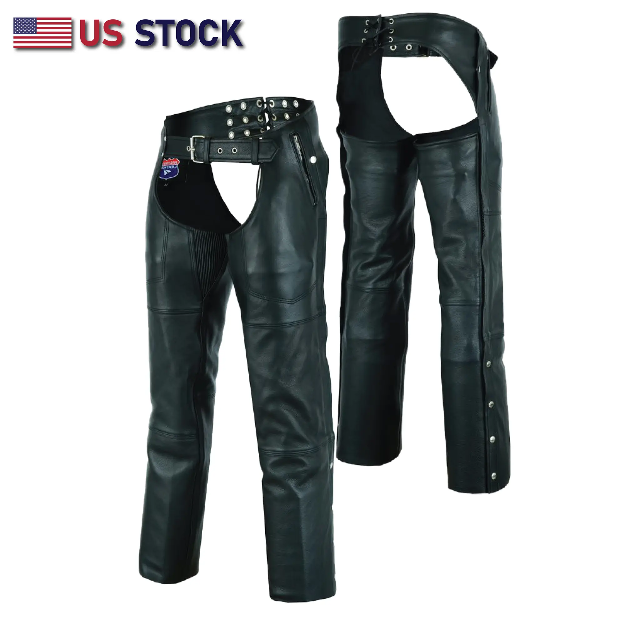 Men's Heavy Buffalo Leather-Lined Chaps, HL12840NKD Black Motorbike Riding Biker Pants with Pockets, Available in 2XL, 3XL, 4XL Motorcycle Racing Boots