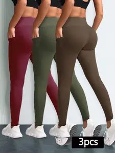 Women's High Waist Tight-Fit Running Pants, 3-Piece Set, Casual Style Training & Outdoor Wear, All-Season Comfortable Fit Tight Fitting Pants, Solid Sports Leggings