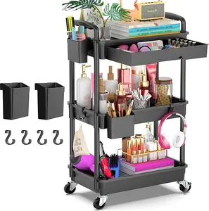 3-Tier Rolling Utility Cart Organizer with Removable Drawer Stable & Sturdy Black Storage Carts 2 Lockable Wheels for Makeup Compact Organization