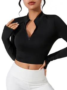 Women's Solid Thumb Hole Long Sleeve Crop Sports Tee, Casual Sporty Comfy Breathable Cropped Top for Yoga Gym Workout, Ladies Sportswear for All Seasons, Fitness Clothes Tops, Athletic Tops
