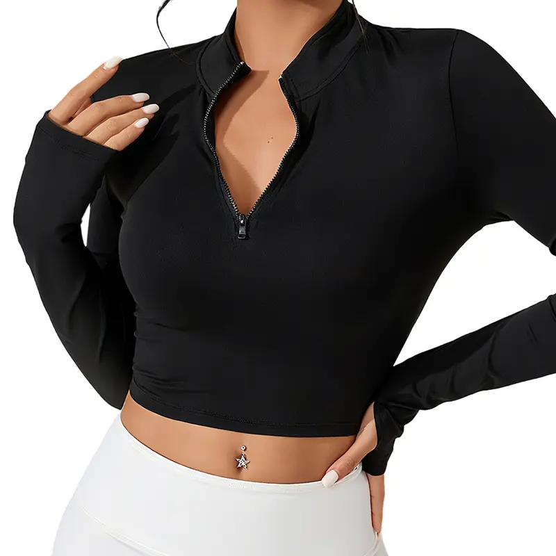 Women's Solid Thumb Hole Long Sleeve Crop Sports Tee, Casual Sporty Comfy Breathable Cropped Top for Yoga Gym Workout, Ladies for All Seasons, Fitness Clothes Tops, Athletic Tops, Sportswear Clothing