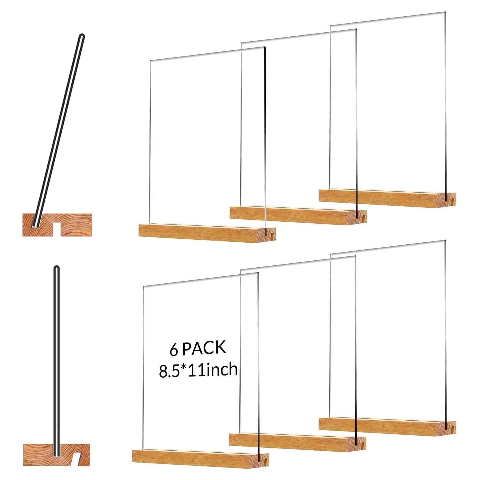 6-Pack 8.5x11 In Strong Acrylic Sign Holder with Wooden Base - Vertical or Slant-Back Display for Indoor Furniture Setup, Market Promotions, Multiple Farmers Markets Decor