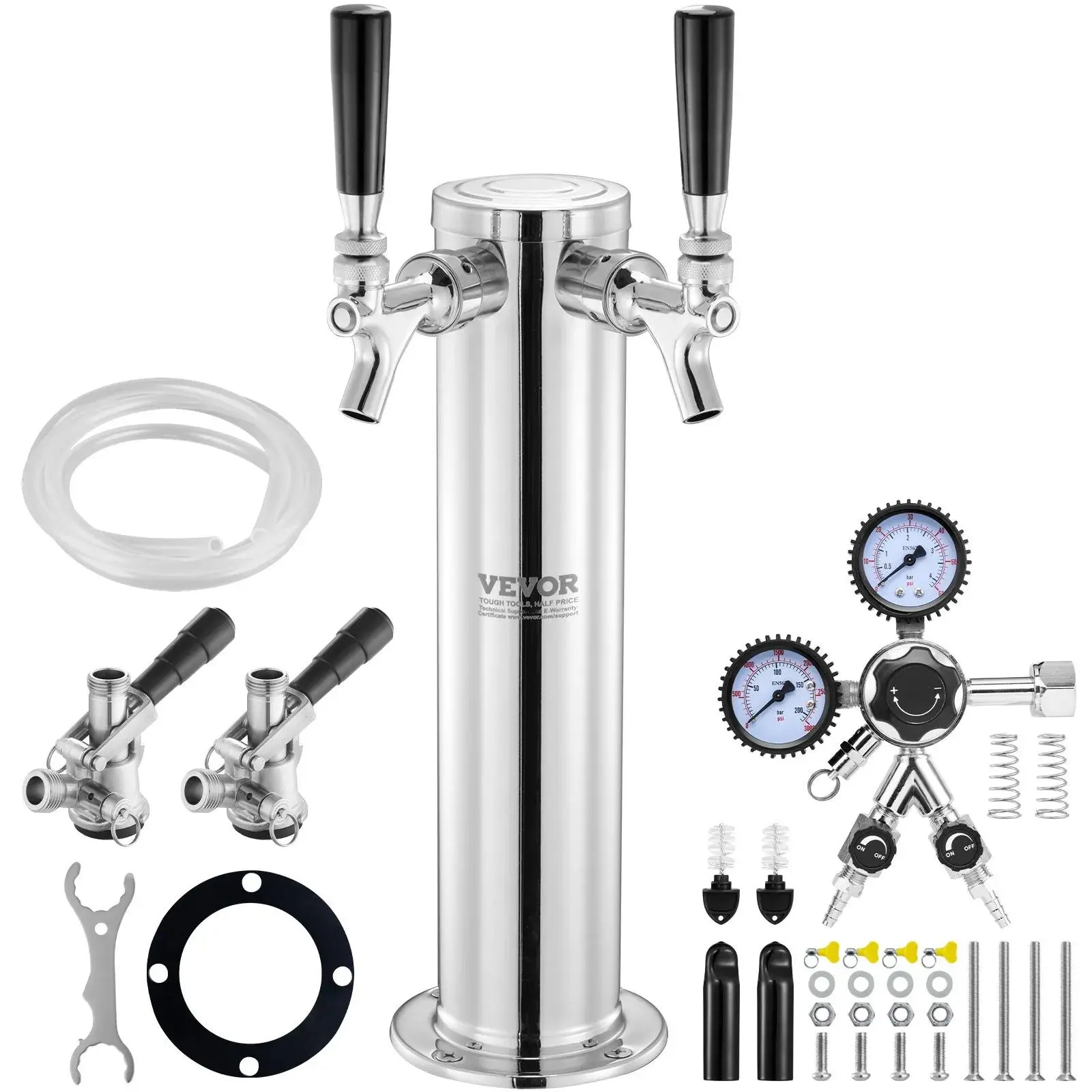 【Summerfinds】VEVOR Kegerator Tower Kit,  Dual Taps Beer Conversion Kit, Stainless Steel Keg Beer Tower Dispenser with Dual Gauge CGA320 Regulator & D-System Keg Coupler, Self-Closing Spring for Party Bar Home