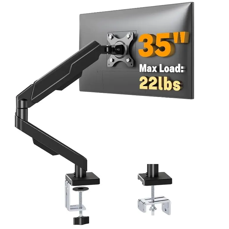 Single Monitor Arm Desk Mount, Full Motion Ergonomic VESA Screen Bracket for Gaming & Home Office, Holds Screens Up to 35 Inches, C-Clamp Grommet Dual Base with Hidden Cable Organizer