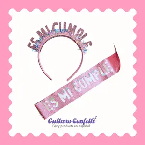 Es Mi Cumple Bundle – Glitter Pink Birthday Headband & Sash / Conjunto "It's my Birthday" – Diadema y Banda Rosa, Birthday Girl Set, Fresita Birthday
