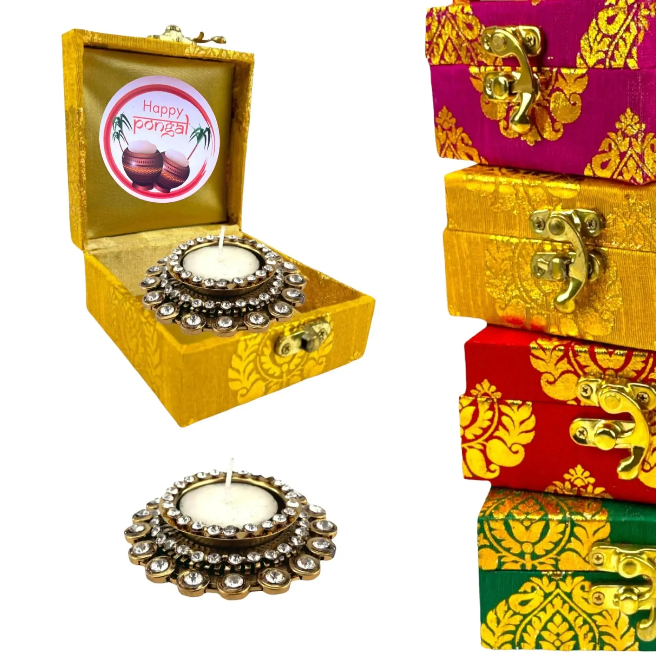 Elegant Brocade Gift Box Set with Tealight Candle Holders for Diwali, Housewarming, Christmas | Perfect Employee or Family Gift