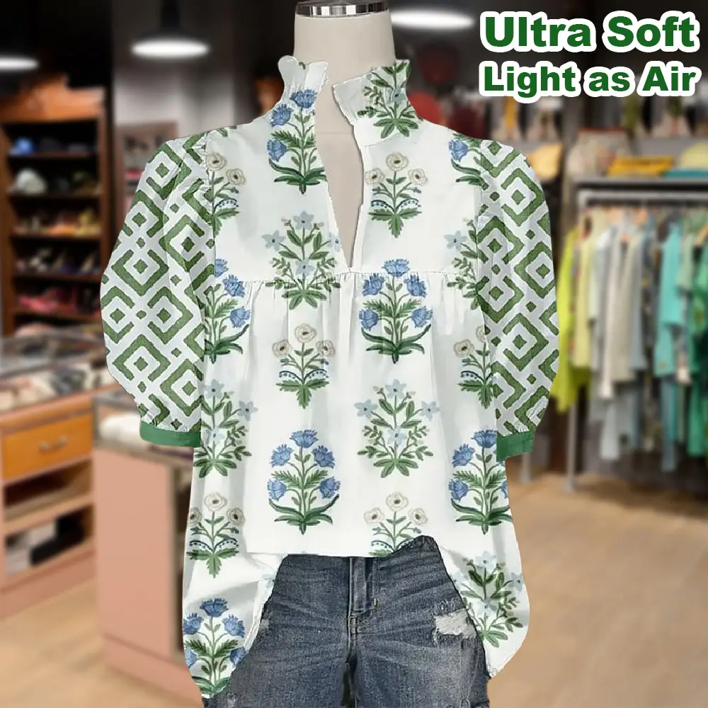 Cherrybetty Airy Floral Print V-Neck Geo Puff Sleeve Top Going Outfits Blouses Women Vintage 90s Tops Funny Shirts Women Elegant Classy Tops Blouse cu