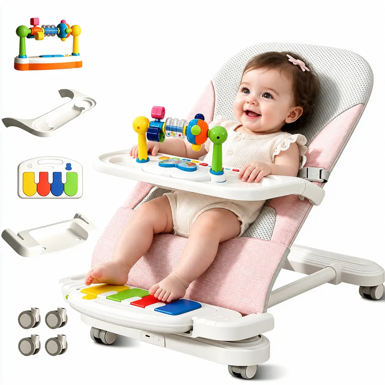 Baby Bouncer 4-in-1 with Wheels, Detachable Piano, Feeding Tray, Play Bar, Thick Base. 3-Level Incline Portable Seat for Infant to Toddler 0-6, 0-12, 12-24 Months, Upto 29Lbs