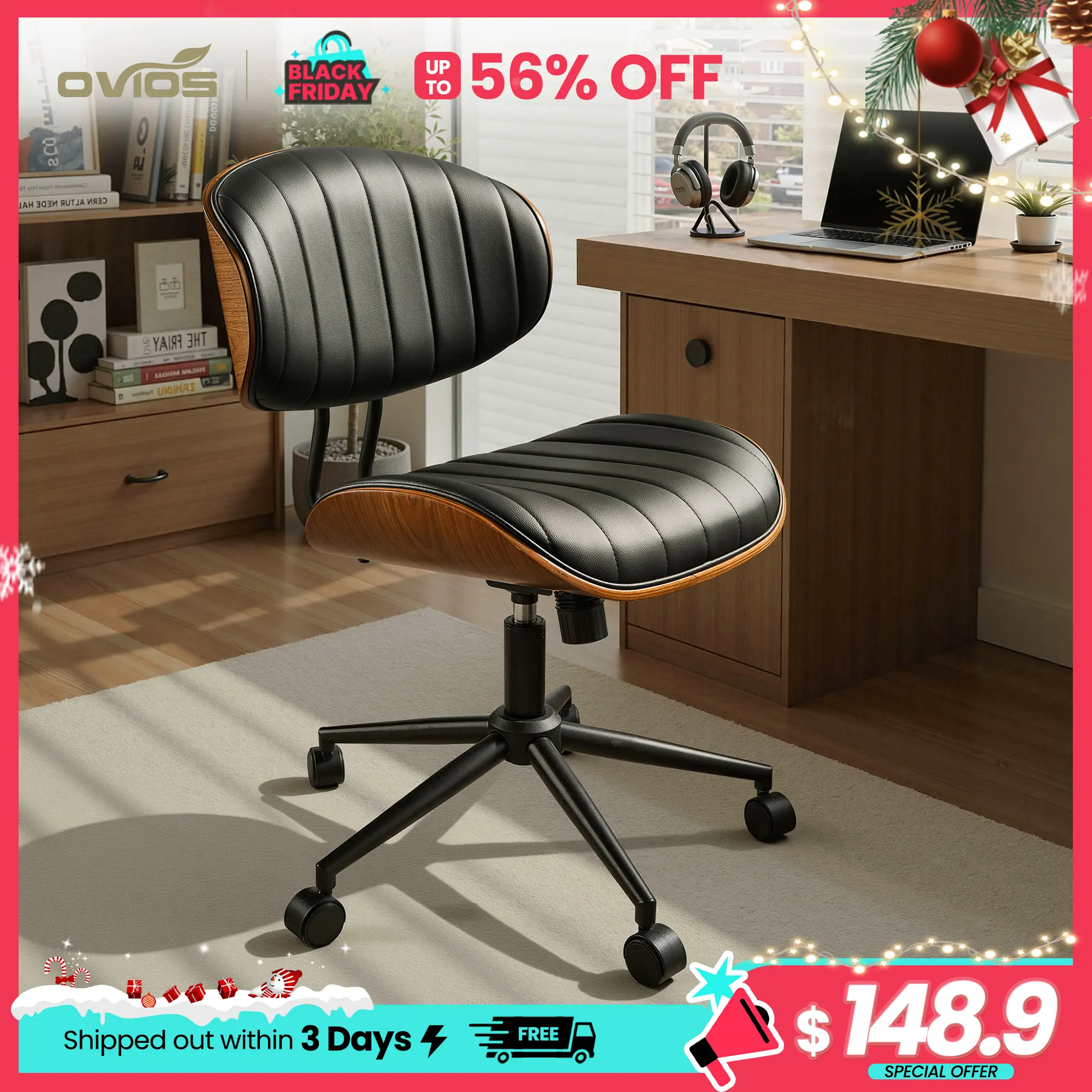 【Summerfinds】Ovios Wide Curved Seat&Back Armless Home Office Chair, Adjustable-Height Desk Chair, 360° Swivel&Tilting Function, PU Fabric Stylish Walnut Task Make Up Chair for Meeing Room,Dining Room