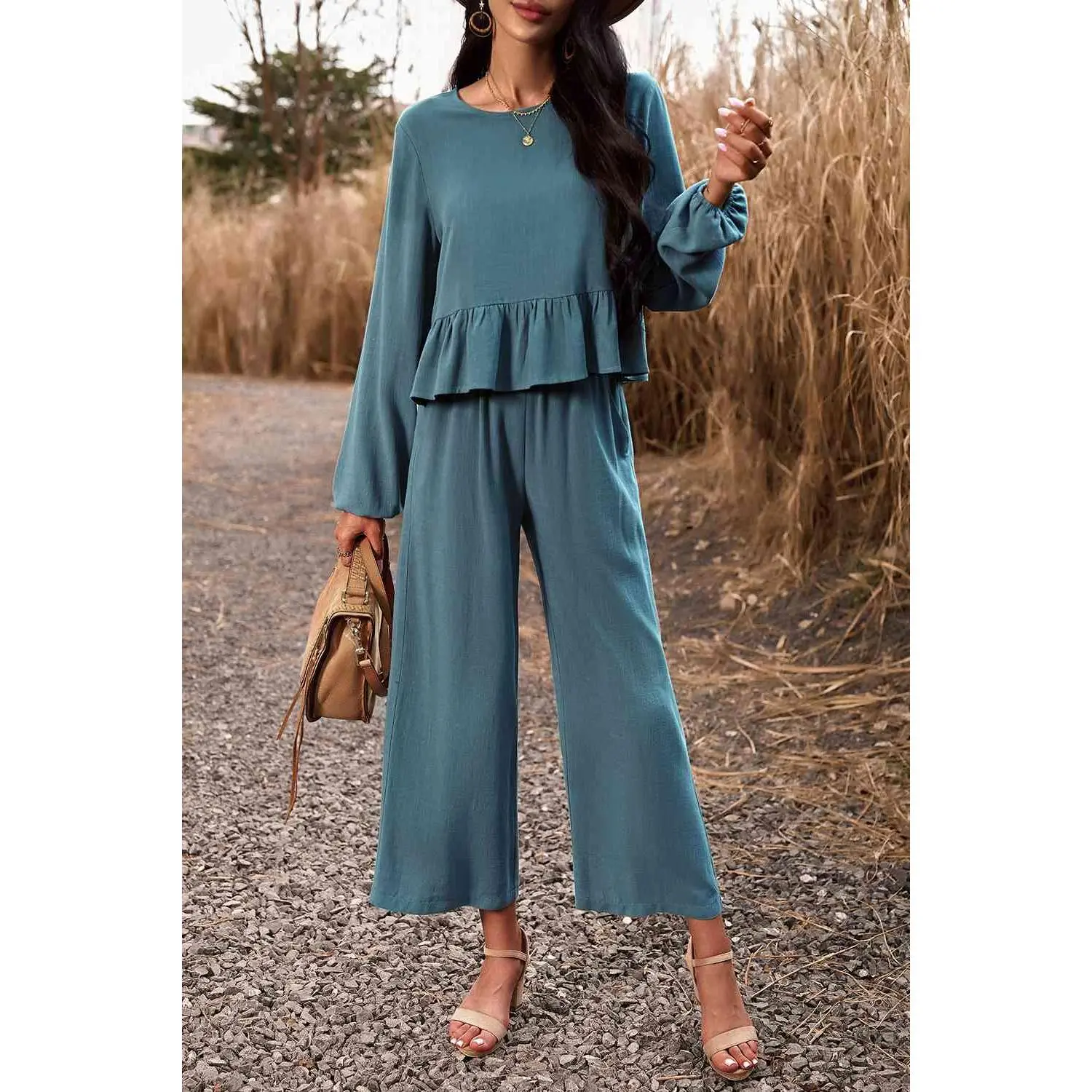 Round Neck Peplum Top and Pants Set
