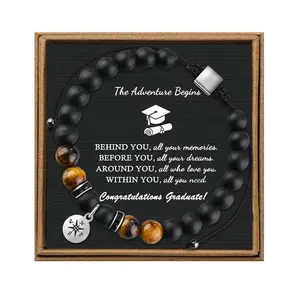Graduation Gifts for Him Men's Compass Beaded Bracelet, Natural Tiger Eye & Matte Black Onyx Adjustable Braided Rope Bracelet, Inspirational "The Adventure Begins" Jewelry for Graduates