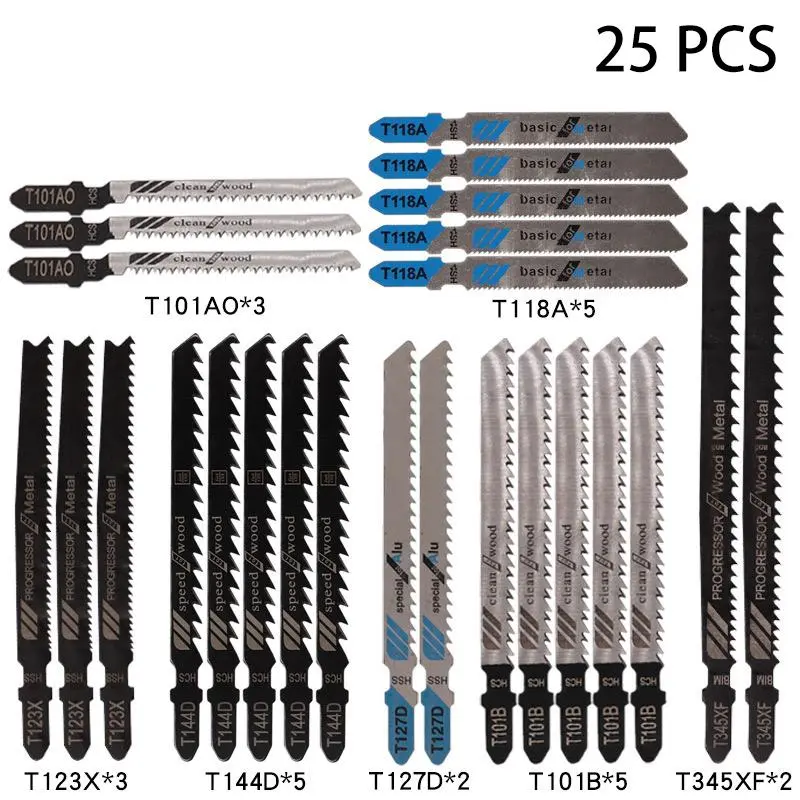 25 Pcs Jigsaw Blades Set with Storage Case - High Carbon Steel/HSS Multi-Use Cutting Handsaw Blades, Jig Saw Accessories for Wood, Plastic, Fits Most Jigsaw Models, Plastic Cutting