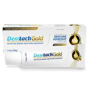 Denttach Gold Denture Adhesive, Petroleum Free Olive Oil Based Premium Denture Adhesive Cream for Full and Partial Dentures, All Day Secure Hold Denture Glue, Zinc Free, 2.4 Ounce