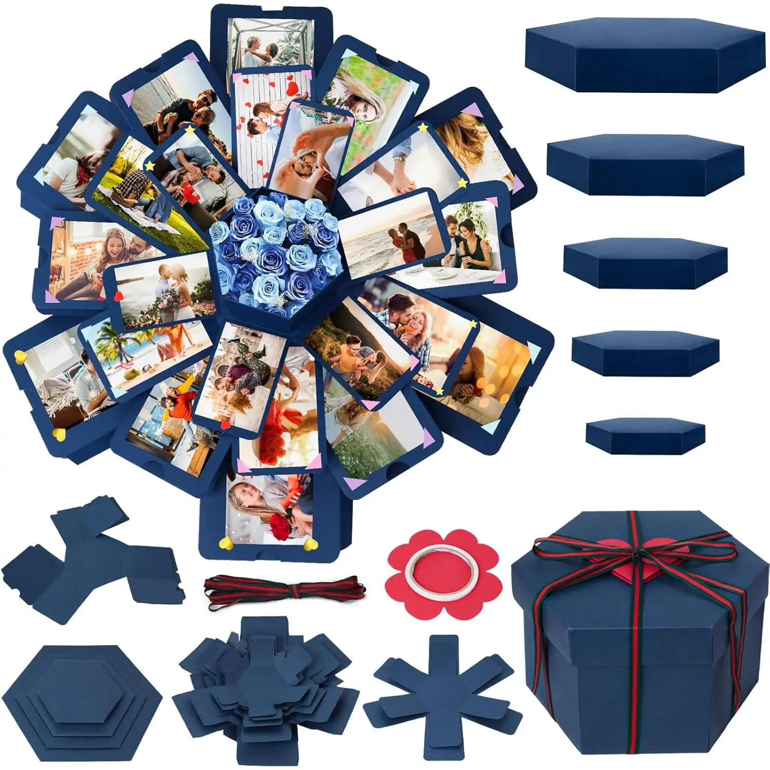 Explosion Gift Box, Blue Exploding Photo Album Surprise Love Box with DIY Scrapbooking Accessories for Anniversary Birthday Wedding