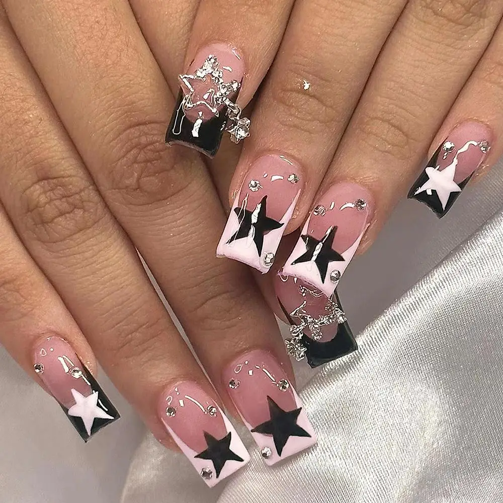 Star Design & Rhinestone Decor Fake Nail & 1 Sheet Tape & 1 Count File, 24pcs/set French Style Long Square False Nails for Women & Girls
