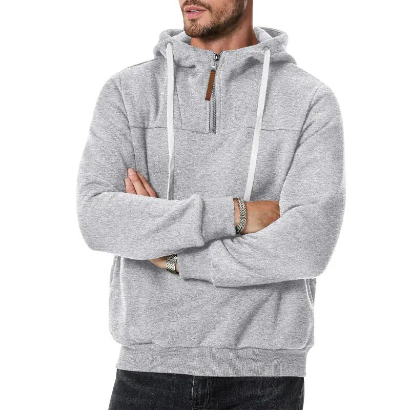 Men's Solid-Color Basic Half-Zip Hooded Sweatshirt - Drawstring-Adjustable Cap Circumference, Soft Skin-Friendly Fleece Fabric, Relaxed Slightly Dropped Shoulder Fit, Versatile Long-Sleeve Top for Spring/Autumn Commuting, Outdoor Walks