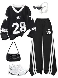 Girls' Spring & Fall Set, Teenage Girl Two-Piece Casual Set, Number Print Long Sleeve + Pants, Kids Daily Wear, Fashionable, Sweatshirt Sets