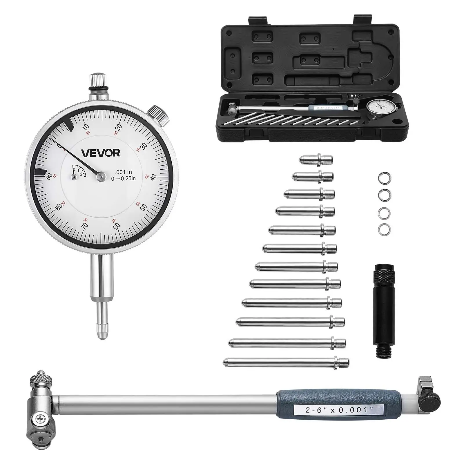 VEVOR Dial Test Indicator & Cylinder Bore Gauge Measuring Tool Set, 0.001in Accuracy Dial Indicator, 2-6in Bore Range with Rod, Storage Case, Anvils for Industrial Machining Measurements, Cylinder Bore Gauges