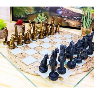 Ebros Egyptian Gods Monuments King Tut & Nefertiti Chess Pieces With Glass Board Set