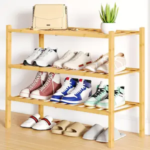 Freestanding Slim Shoe Storage Cabinet, 3 Tier Bamboo Shoe Organizer, Stackable Free Standing Wooden Shoe Storage Shelf for Closet, Entryway, Front Door Entrance, Natural